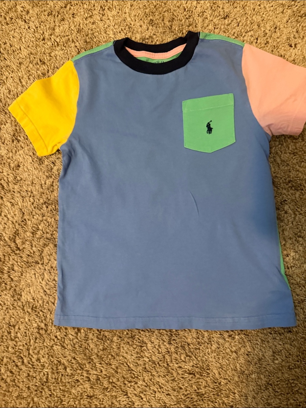 Ralph Lauren Colorblock Pocket Tee - Blue and Gr Body with Yellow & Pink Sleeves